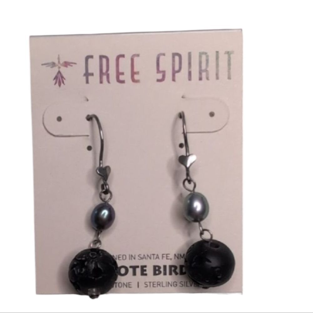 NWT Peyote Bird Freshwater Pearl Carved Wood Sterling Silver Dangle Earrings